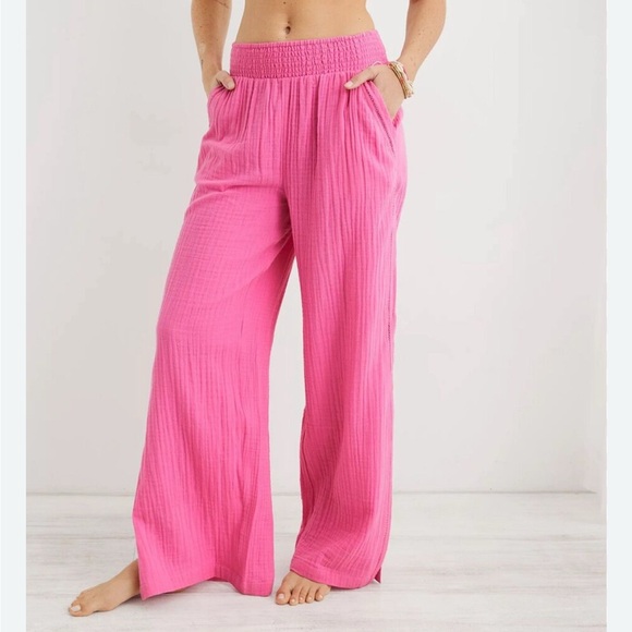 Aerie Pink Gauzy Pool To Party Crop Top and Pants Set - Picture 2 of 16